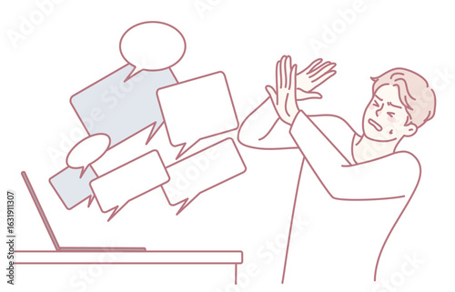 A person feeling stressed reacts to the overwhelming flow of numerous digital messages coming from their laptop
