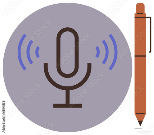 Microphone emitting sound waves alongside a pen symbolizing voice recording, transcription, annotation, podcasting, streaming, audio technology, communication, writing. Ideal for tech media