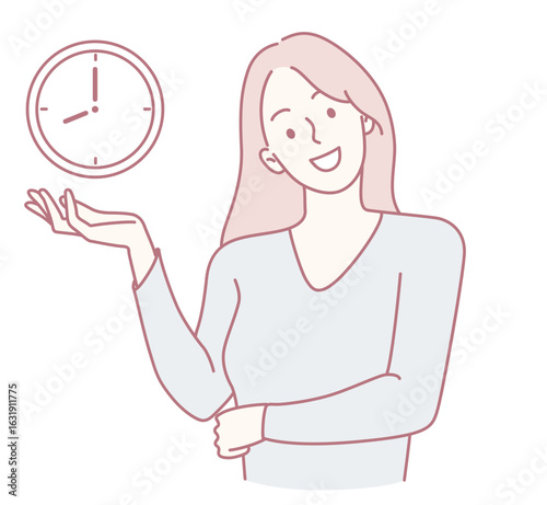 A woman demonstrates time management skills by a large clock, highlighting efficiency and productivity in daily life