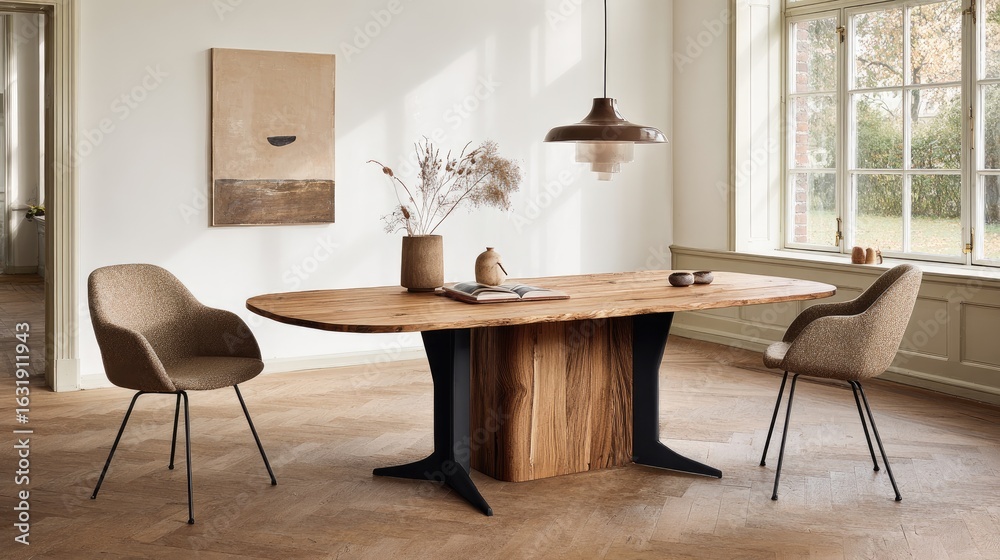 Fototapeta premium Light brown wooden dining table with upholstered chairs in a light beige color.
