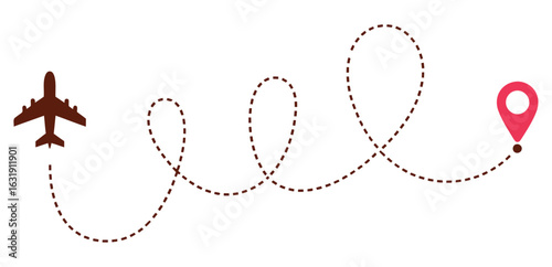 dotted airplane flight route with location pin icon for travel and navigation vector design, transparent png and vector illustration.
