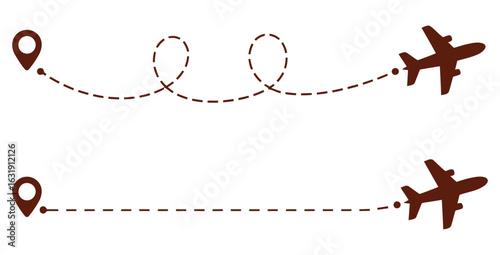 airplane flight path with location pin icons and dotted travel route design, transparent png and vector illustration.
