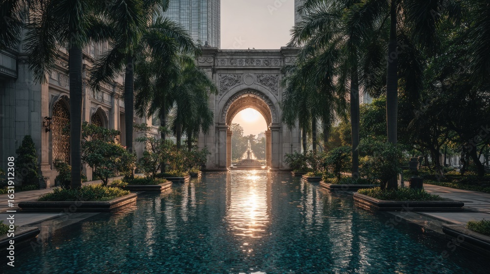 Naklejka premium Architectural splendor and serene reflection at dawn in Kuala Lumpur