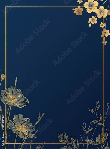 Elegant navy blue background framed by delicate gold floral design