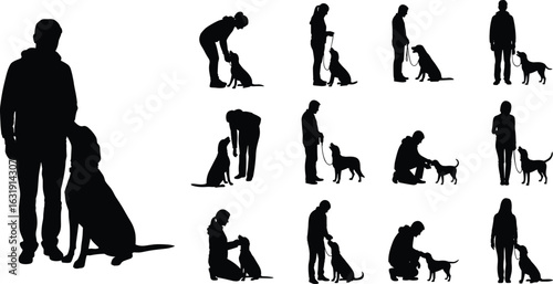 Dog, training, silhouette, pet, obedience, interaction, command, bonding, illustration, person, animal, leash, sit, stay, heel, discipline, behavior, handler, outdoor, activity
