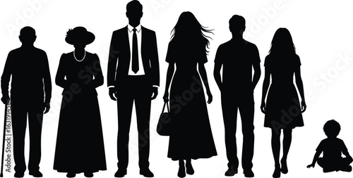 Family, silhouette, diverse, generations, elderly, adults, children, standing, sitting, isolated, white, background, group, people, representation, age, unity, lifestyle, concept, togetherness
