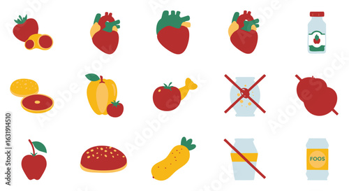 Illustration showing healthy foods like fruits and vegetables alongside unhealthy options with a red cross, representing dietary choices.