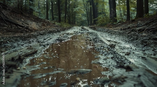 Wallpaper Mural Intricate forest trail with muddy puddle reflecting dense woodland canopy Torontodigital.ca