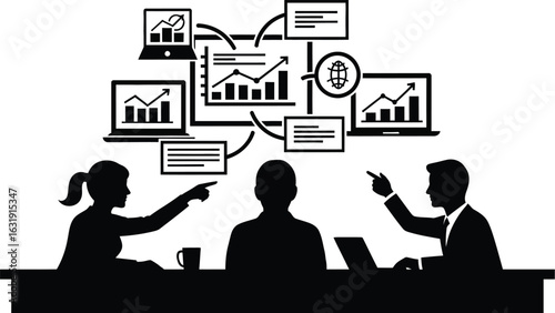 Silhouette of business meeting with data analysis charts and graphs displayed above the participants heads