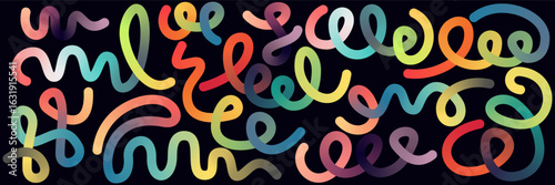 Vibrant abstract gradient 3d lines and shapes in various colors create wavy rainbow dynamic composition on a dark background, perfect for modern pattern design. Vector art poster for creative projects