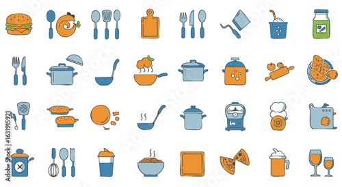 A collection of kitchen and food icons, including cooking utensils, dishes, and various food items, arranged in rows.