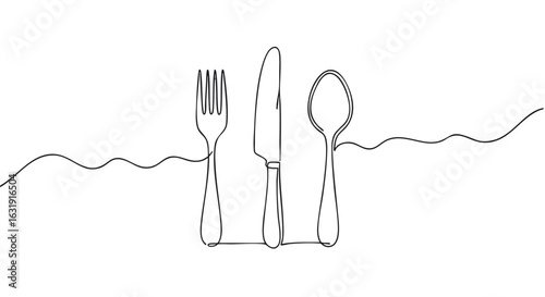 Minimalist line art illustration of a fork, knife, and spoon connected by a continuous, wavy line.
