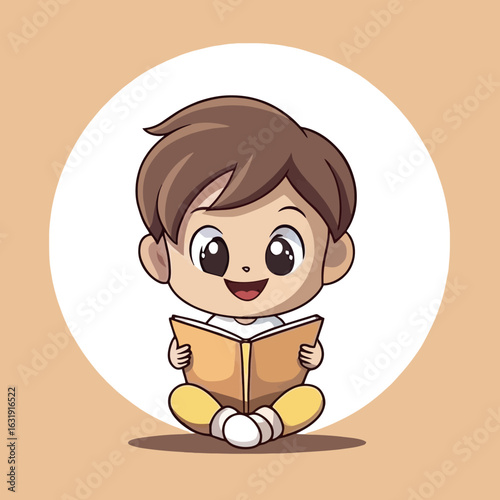 Illustration of a cute cartoon boy sitting cross legged and reading a book with a happy expression on his face | editable eps vectors silhouette