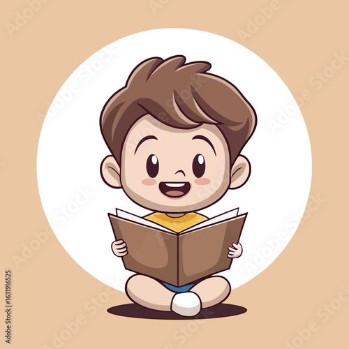 Cartoon illustration of a smiling boy sitting cross legged and reading a book against a circular background | editable eps vectors silhouette
