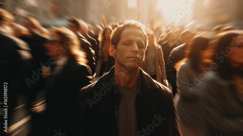 Man Standing Still in Busy City Crowd of Rushing People