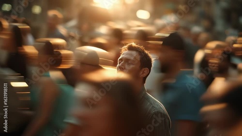 Man Standing Still in Busy City Crowd of Rushing People
