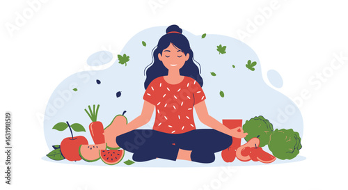A serene woman finds her inner peace through meditation, surrounded by fresh fruits and vegetables for a healthier lifestyle.