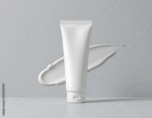 A white tube of cosmetic product with a smear of cream on a light gray background studio shot