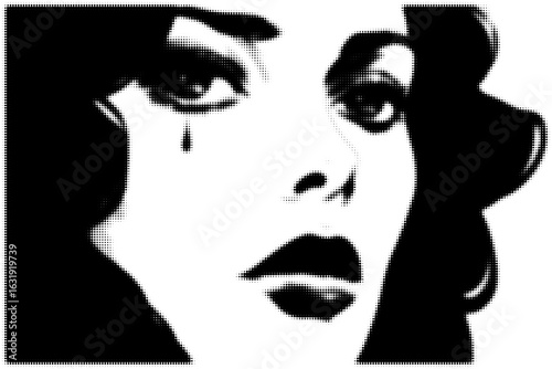 Monochrome pop art portrait of a woman with tear and bold features