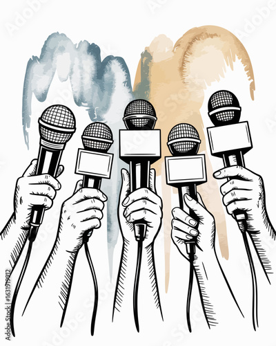 microphone, hand, interview, media, news, illustration, black, white, reporter, press, journalism, broadcast, mic, voice, audio, sound, communication, speech, radio, talk, studio, handheld, graphic, s