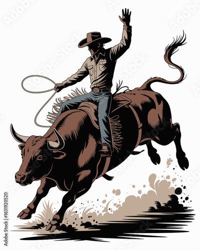 rodeo, cowboy, bull, riding, western, lasso, wild, ranch, illustration, hat, boots, action, dust, livestock, competition, sport, animal, bullrider, graphic, dynamic, tradition, countryside, strength, 
