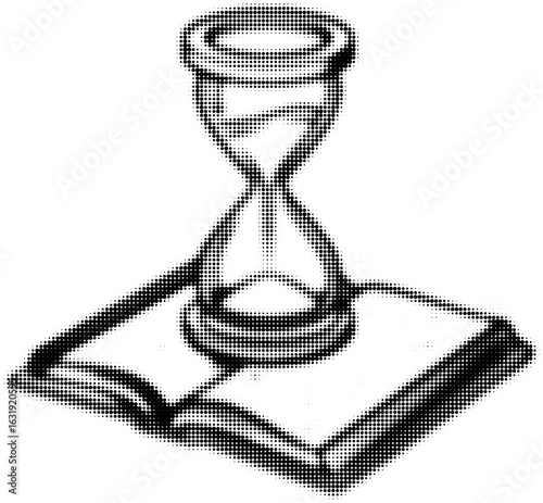 Halftone hourglass on open book symbolizing passage of time, black and white