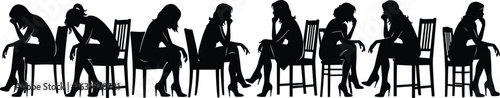 Silhouette, women, sitting, chairs, poses, business attire, high heels, elegance, fashion, posture, side view, isolated, white, stylish, professional, introspective, reflective