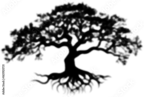 Halftone silhouette of a tree with spreading branches and visible roots