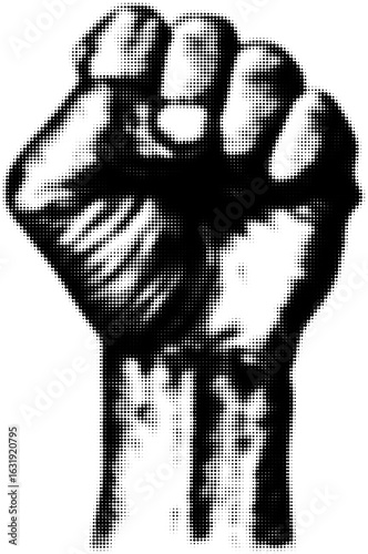 Black and white raised fist in halftone pattern symbolizing strength