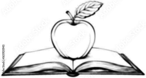 Stylized black and white apple with leaf resting on open book illustration
