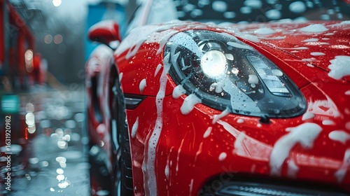 Red Sports Car Washing Detail Foam