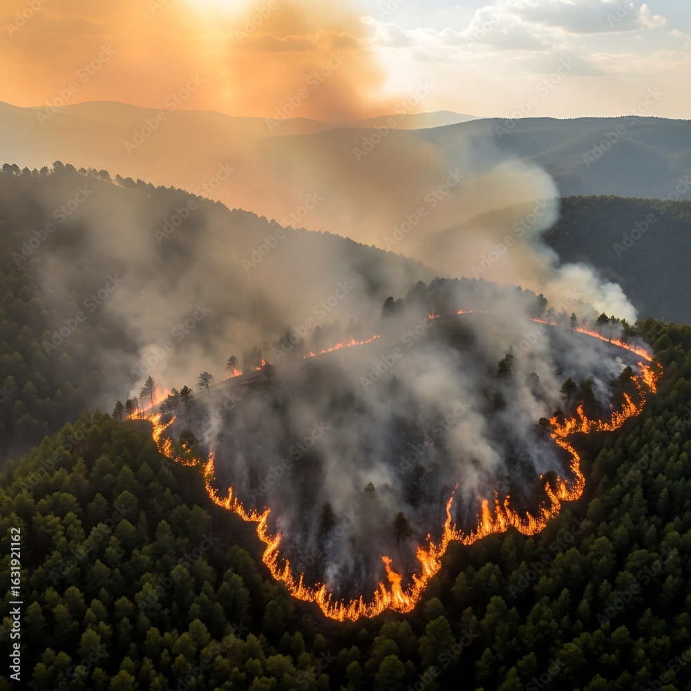 Fototapeta premium Aerial view of a wildfire burning through a hillside forest.