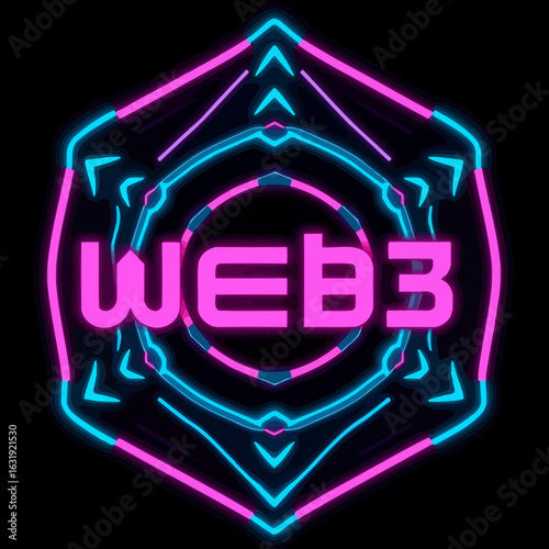 Neon Web3 logo design, vibrant pink and blue hexagonal frame.
