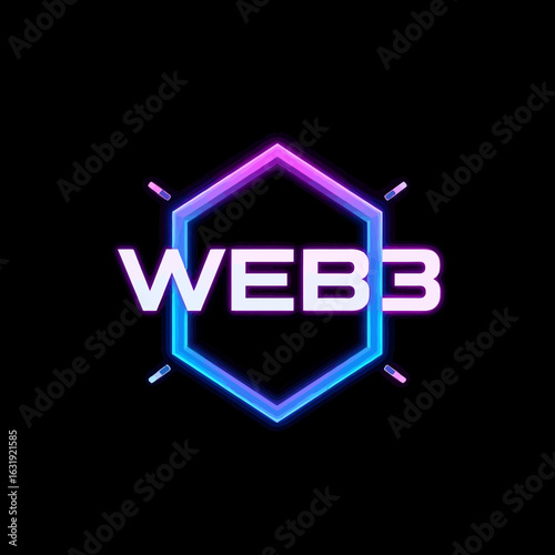 Illuminated "WEB3" text within a vibrant, geometric, glowing hexagon against black background.