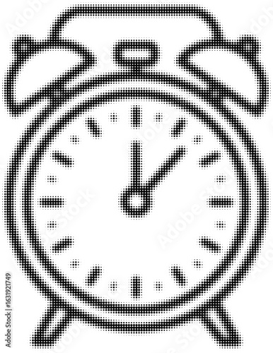 Halftone illustration of classic alarm clock with bells at seven o'clock