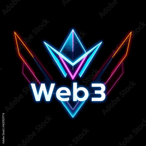 Neon Web3 logo with geometric shapes against a black background.