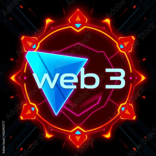 Web3 logo with a blue triangle and text inside an abstract, glowing, futuristic, circular frame.