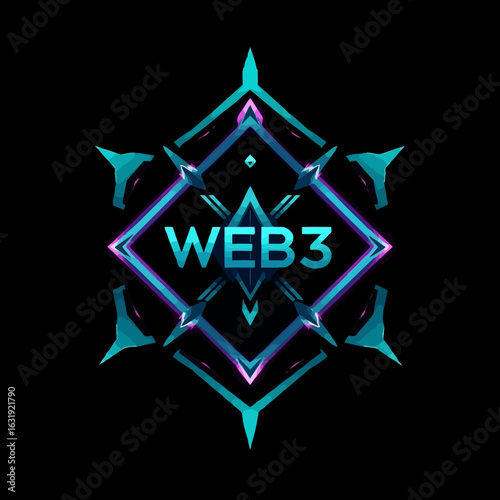 Abstract design with "WEB3" text, featuring geometric shapes and vibrant blue and purple neon colors against a black background.