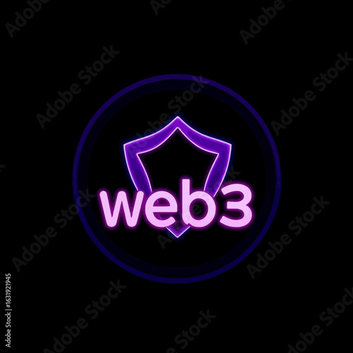 A glowing purple shield icon with the text "web3" set against a black background.
