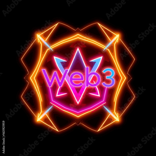 Neon Web3 logo with geometric shapes and vibrant colors against a black background, creating a modern and technological aesthetic.