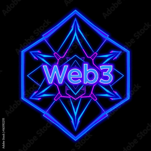 Neon Web3 text inside a geometric shape with glowing blue and pink lines on a black background.