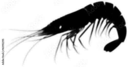 Halftone pattern of a shrimp silhouette in black and white minimalist style