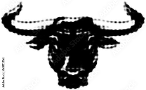 Bull head silhouette in black and white dot pattern, symbolic graphic art