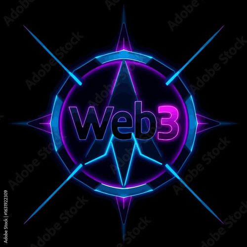 Neon-lit Web3 logo design with a compass-like starburst effect on a black background.