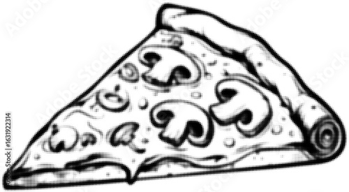 Black and white illustration of a mushroom pizza slice with detailed textures