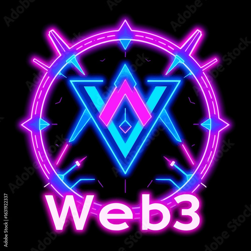 Neon Web3 logo design featuring geometric shapes and circular elements, glowing in blue and pink against a black background.