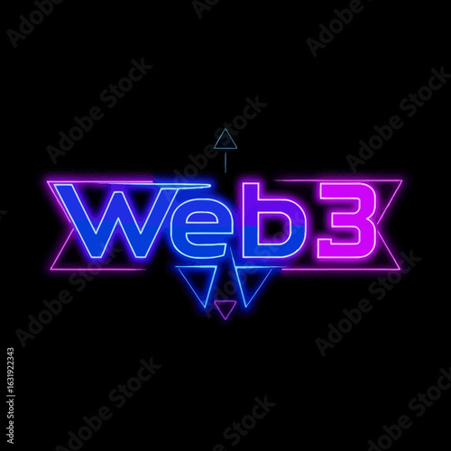 Neon "Web3" text with blue and purple glow, framed by geometric shapes, against a black background.