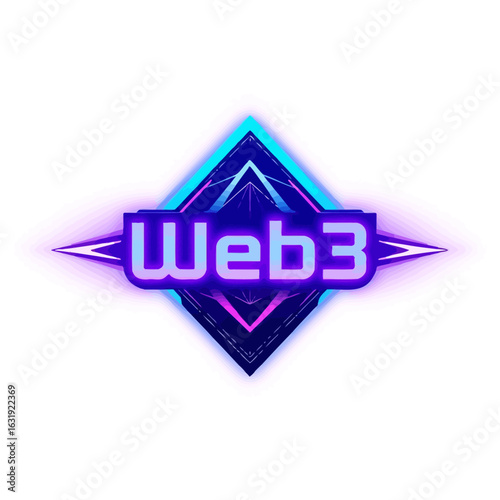 Neon "Web3" text centered in a diamond shape with glowing blue and purple accents.