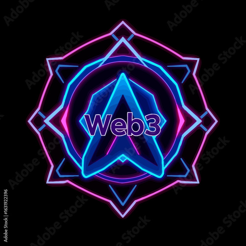 Neon Web3 logo design, vibrant colors, intricate geometric pattern.