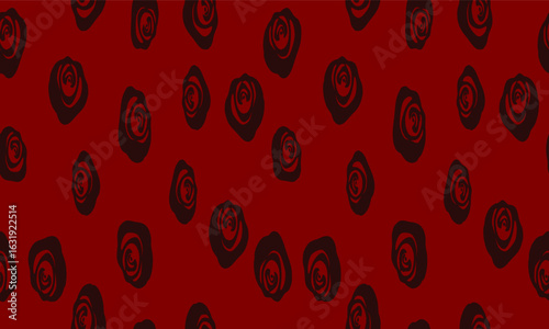 black rose seamless pattern with circles on red background, Fuzzy spin rose, spiral block repeat seamless pattern, design for fabric print or wallpaper seamless randomly